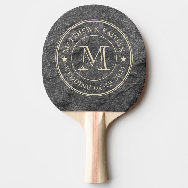 Raquette De Ping Pong Modern Dark Granite Stone Wedding Monogram Star (Devant)