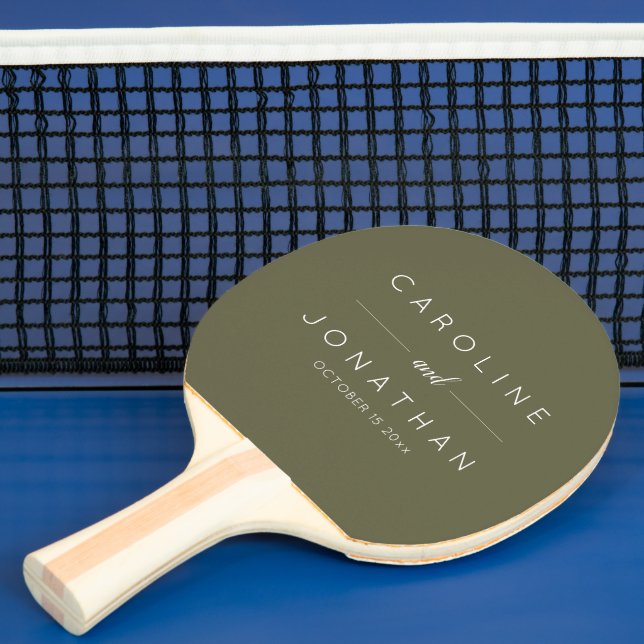 Raquette De Ping Pong Modern Minimalist Custom Wedding Names Olive Moss (Insitu)