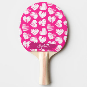 Raquette De Ping Pong Moderne rose et blanc Doodled Heart Valentine Nom
