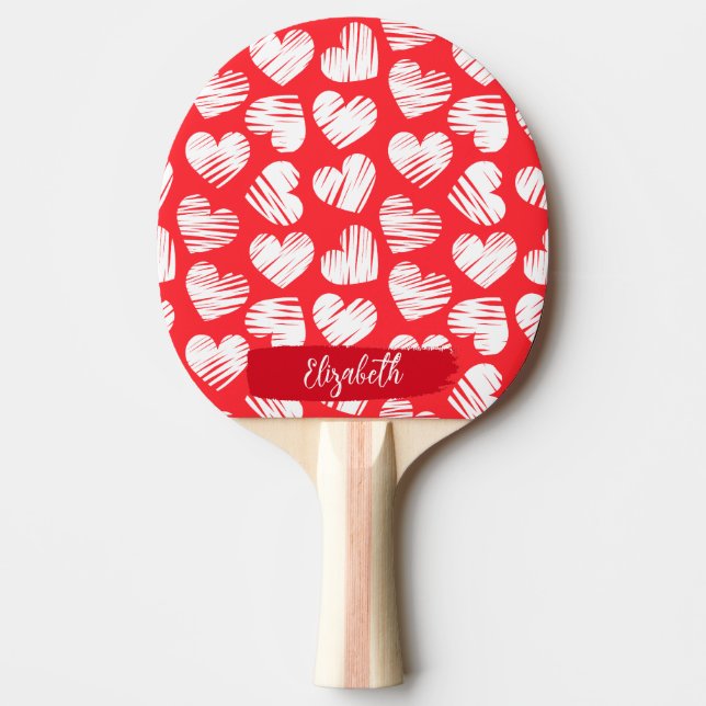 Raquette De Ping Pong Moderne Rouge et Blanc Doodled Heart Valentine Nom (Devant)