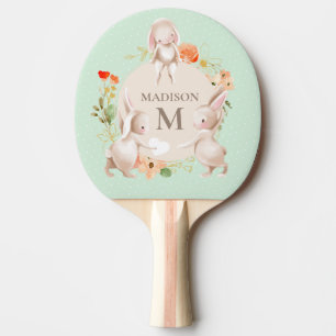 Raquette De Ping Pong Monogram Cute Lapin lapins Floral Personnalisé