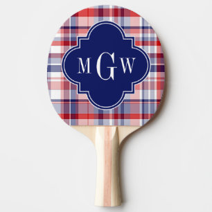 Raquette De Ping Pong Monograme de Red White Blue Preppy Madras
