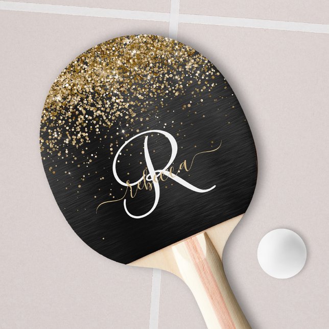 Raquette De Ping Pong Monogramme à étincelle noire à Parties scintillant (Créateur téléchargé)