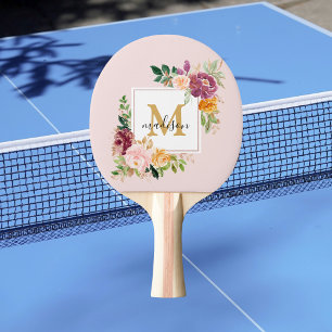Raquette De Ping Pong Monogramme Aquarelle Coloré Rose Fleur Floral