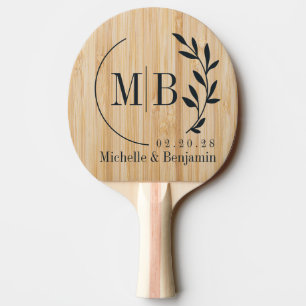 Raquette De Ping Pong Monogramme de mariage à feuille de bambou blanc