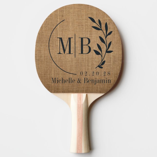 Raquette De Ping Pong Monogramme de mariage à feuille de jute marron (Dos)