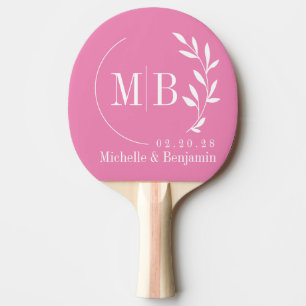 Raquette De Ping Pong Monogramme de mariage à feuille rose