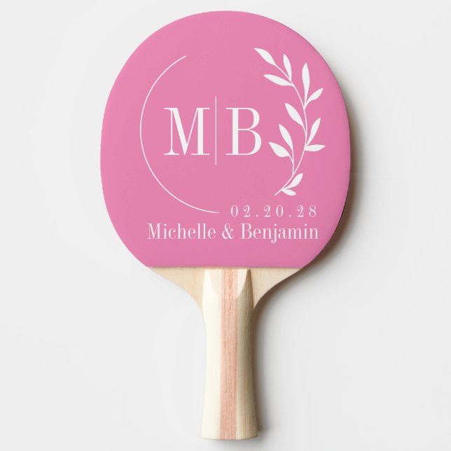 Raquette De Ping Pong Monogramme de mariage à feuille rose (Devant)