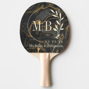 Raquette De Ping Pong Monogramme de mariage à feuille tourbillonnante en