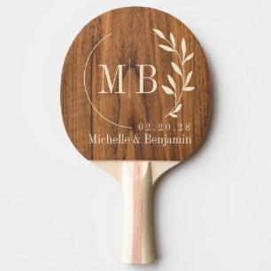 Raquette De Ping Pong Monogramme de mariage à la feuille d'orme de bois
