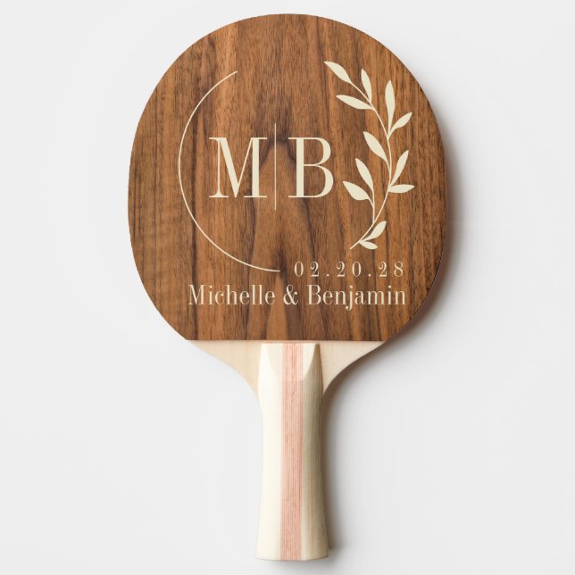 Raquette De Ping Pong Monogramme de mariage à la feuille d'orme de bois (Devant)
