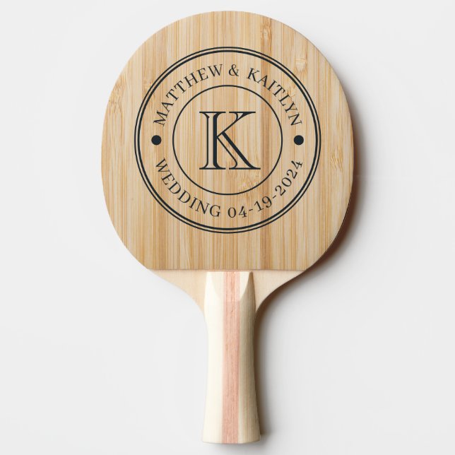 Raquette De Ping Pong Monogramme de mariage au bambou blanc (Dos)