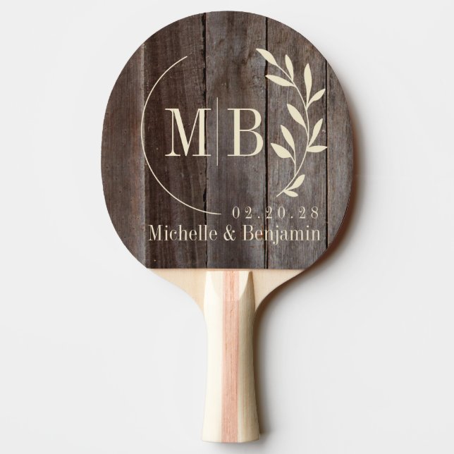 Raquette De Ping Pong Monogramme de mariage aux feuilles sur planches vi (Dos)