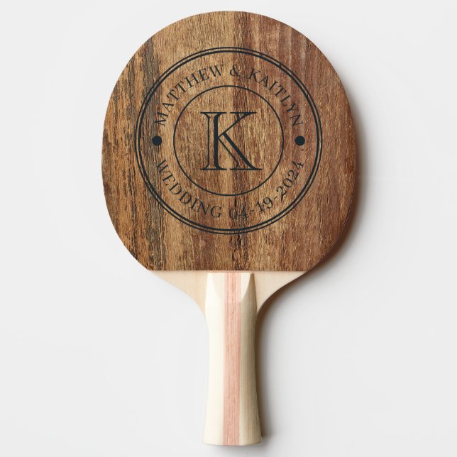 Raquette De Ping Pong Monogramme de mariage en bois de cèdre brut (Dos)