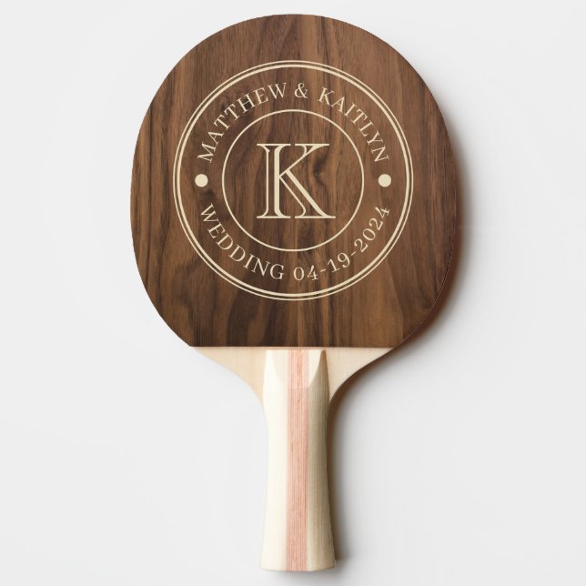 Raquette De Ping Pong Monogramme de mariage en bois de noyer (Dos)