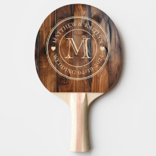Raquette De Ping Pong Monogramme de mariage en bois foncé taché brillant