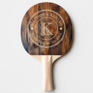 Raquette De Ping Pong Monogramme de mariage en bois foncé teinté brillan