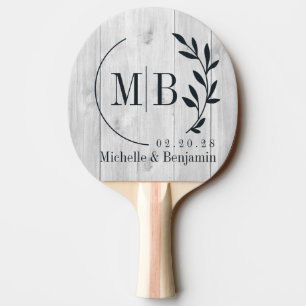 Raquette De Ping Pong Monogramme de mariage en bois gris clair propre en