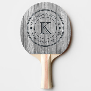 Raquette De Ping Pong Monogramme de mariage en bois gris foncé patiné