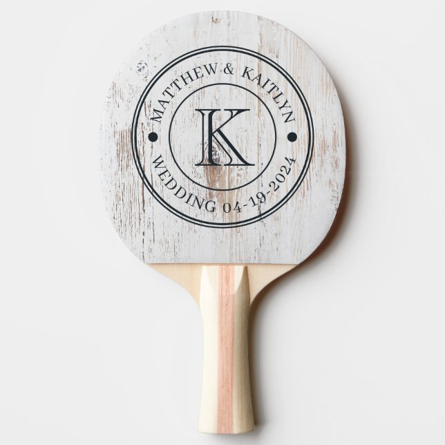 Raquette De Ping Pong Monogramme de mariage en bois peint blanc (Dos)