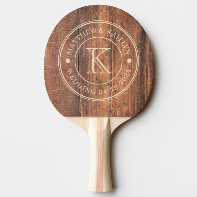 Raquette De Ping Pong Monogramme de mariage en bois récupéré (Dos)