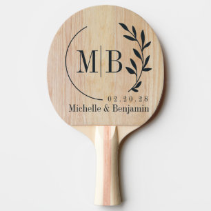 Raquette De Ping Pong Monogramme de mariage en feuille de bois de frêne 