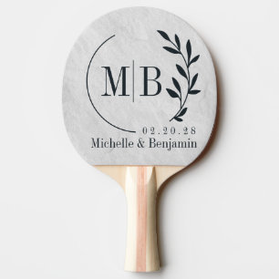Raquette De Ping Pong Monogramme de mariage en feuille de pierre de marb
