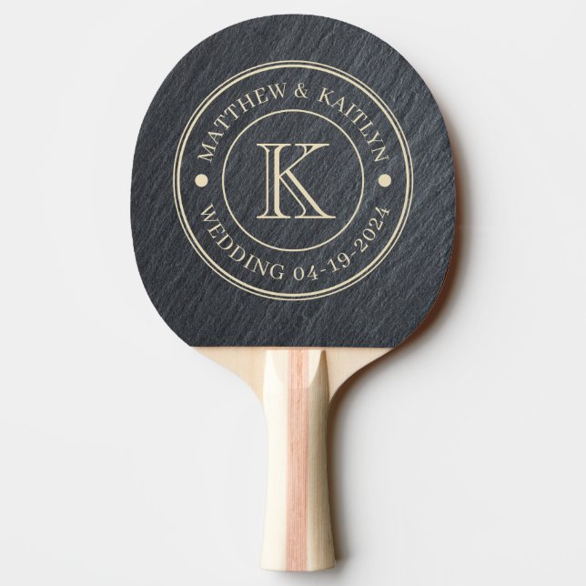 Raquette De Ping Pong Monogramme de mariage en granit noir lisse (Dos)