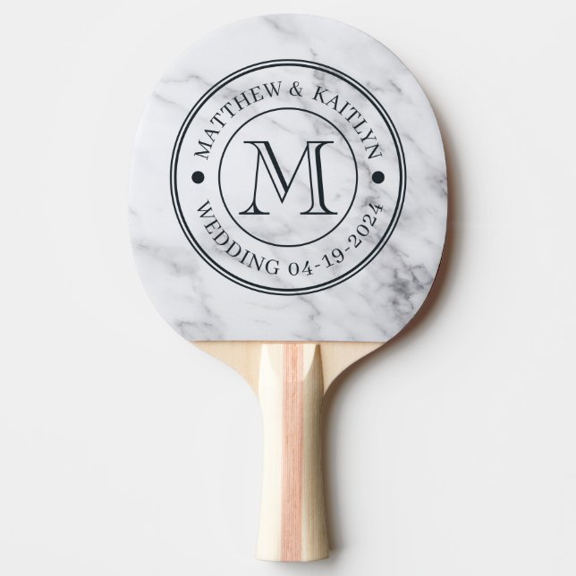 Raquette De Ping Pong Monogramme de mariage en marbre blanc propre moder (Devant)