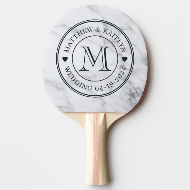 Raquette De Ping Pong Monogramme de mariage en marbre blanc propre moder (Devant)