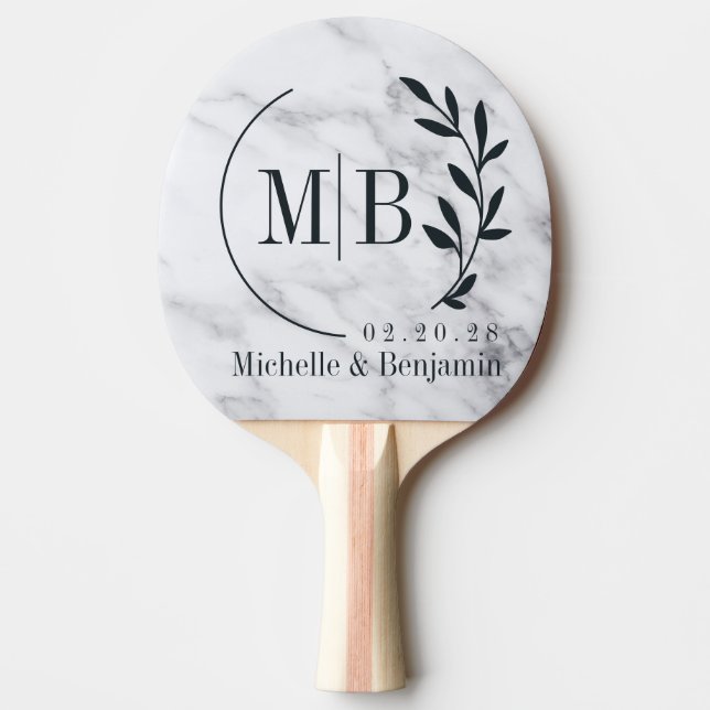 Raquette De Ping Pong Monogramme de mariage en marbre blanc propre moder (Devant)
