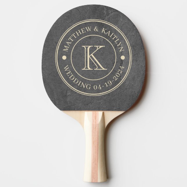 Raquette De Ping Pong Monogramme de mariage en pierre d'ardoise foncée (Dos)