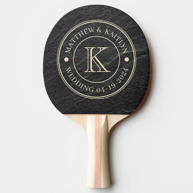 Raquette De Ping Pong Monogramme de mariage en pierre de granit noir (Dos)