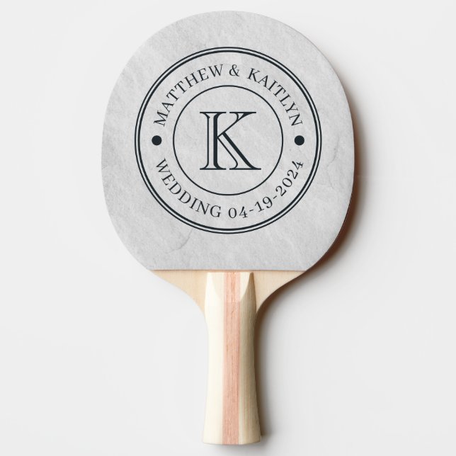 Raquette De Ping Pong Monogramme de mariage en pierre de marbre blanc (Dos)