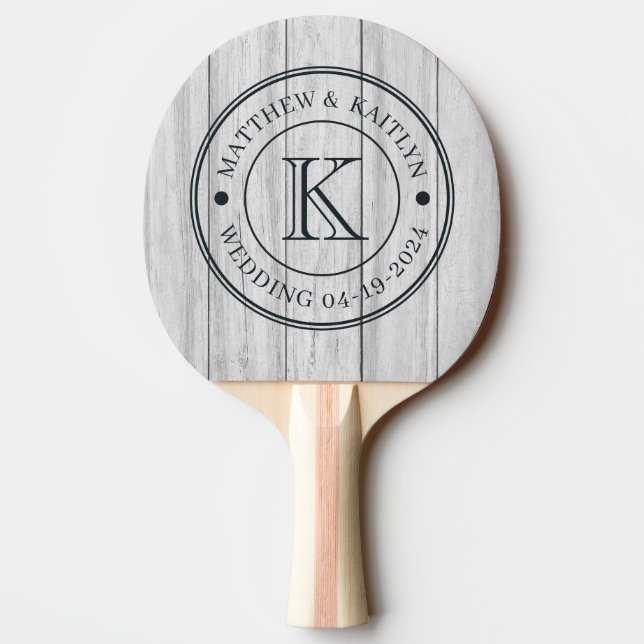 Raquette De Ping Pong Monogramme de mariage en planches de bois gris vin (Dos)