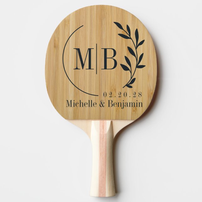 Raquette De Ping Pong Monogramme de mariage Feuille de bambou foncé (Dos)