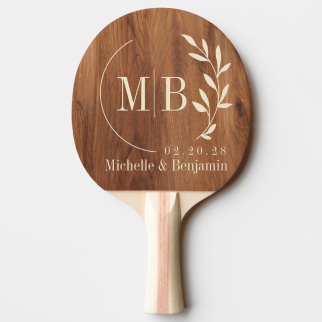 Raquette De Ping Pong Monogramme de mariage feuille de bois d'érable (Dos)