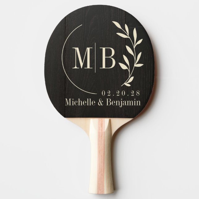 Raquette De Ping Pong Monogramme de mariage feuille de bois noir foncé (Dos)
