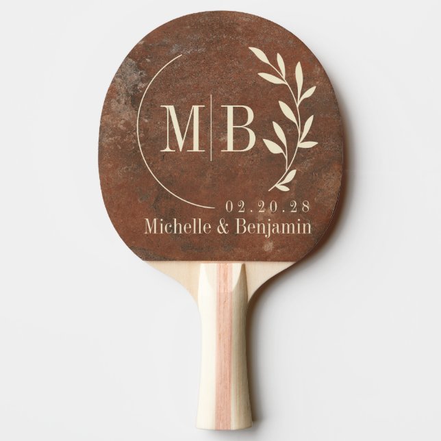 Raquette De Ping Pong Monogramme de mariage feuille de pierre de sable m (Dos)