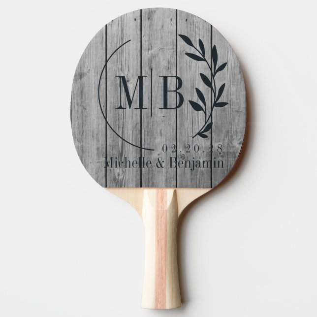 Raquette De Ping Pong Monogramme de mariage feuille en bois gris propre  (Dos)