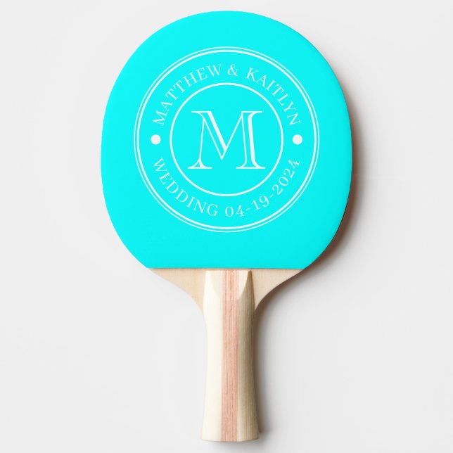 Raquette De Ping Pong Monogramme de mariage rétro électrique cyan (Devant)