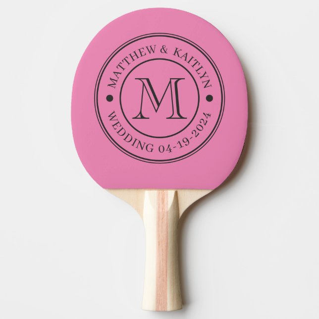 Raquette De Ping Pong Monogramme de mariage rose et noir (Devant)