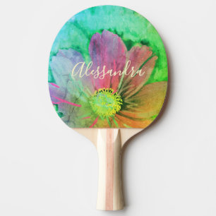 Raquette De Ping Pong Monogramme de nom botanique à l'aquarelle florale 