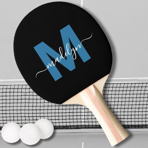 Raquette De Ping Pong Monogramme de nom élégant bleu foncé en écriture c