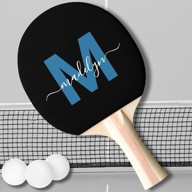 Raquette De Ping Pong Monogramme de nom élégant bleu foncé en écriture c (Black Blue Elegant Script Name Monogram Ping Pong Paddle)