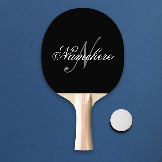 Raquette De Ping Pong Monogramme de nom noir et blanc personnalisé uniqu (Créateur téléchargé)