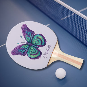 Raquette De Ping Pong Monogramme de papillon vert et violet délicat