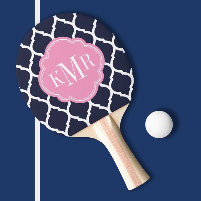 Raquette De Ping Pong Monogramme de Quatrefoil bleu marine et rose maroc (Créateur téléchargé)