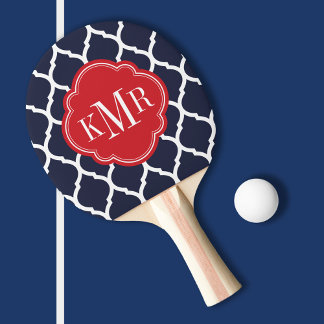 Raquette De Ping Pong Monogramme de Quatrefoil bleu marine et rouge maro