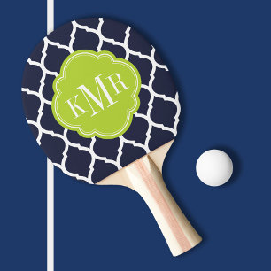 Raquette De Ping Pong Monogramme de Quatrefoil bleu marine et vert maroc